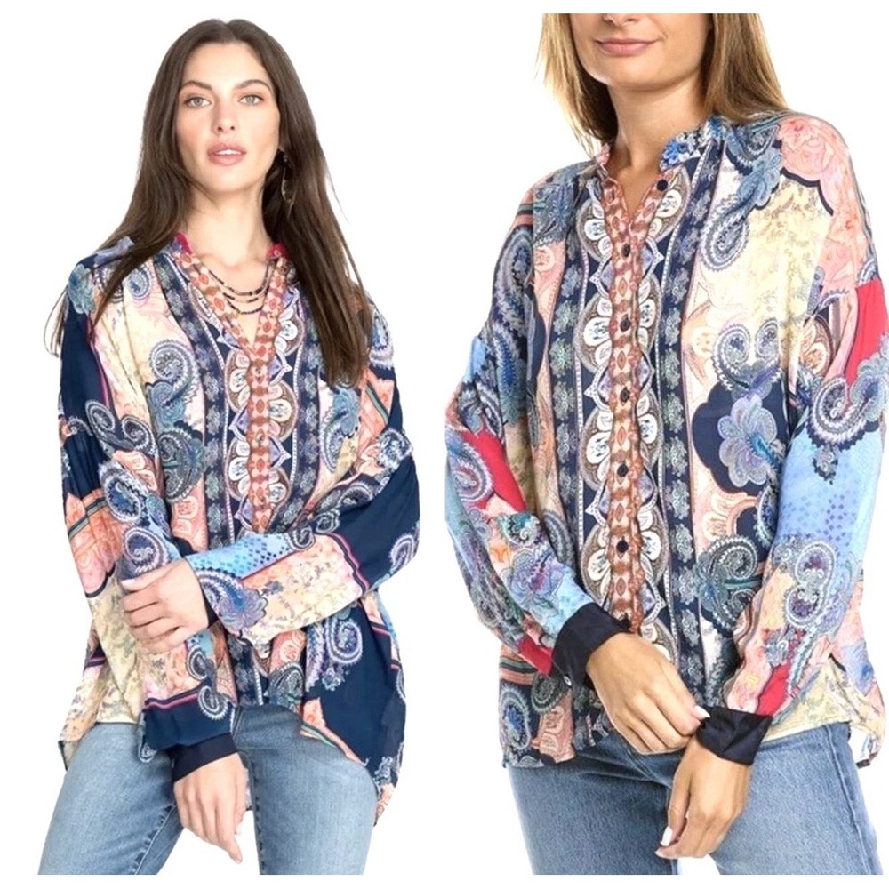 Johnny Was Boho Paisley Silk Blend Oversized Button Down Top Women's Size XXS - Picture 2 of 12